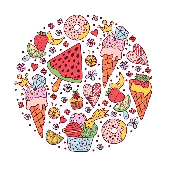 Sommerzeit Lustige Illustration Mit Eis Und Süßigkeiten — Stockvektor