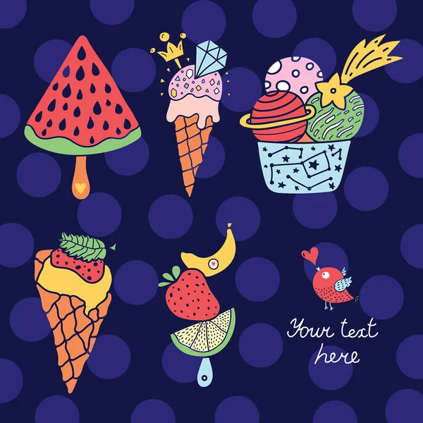 Καλοκαίρι Διασκέδαση Εικονογράφηση Παγωτό Και Γλυκά — Διανυσματικό Αρχείο