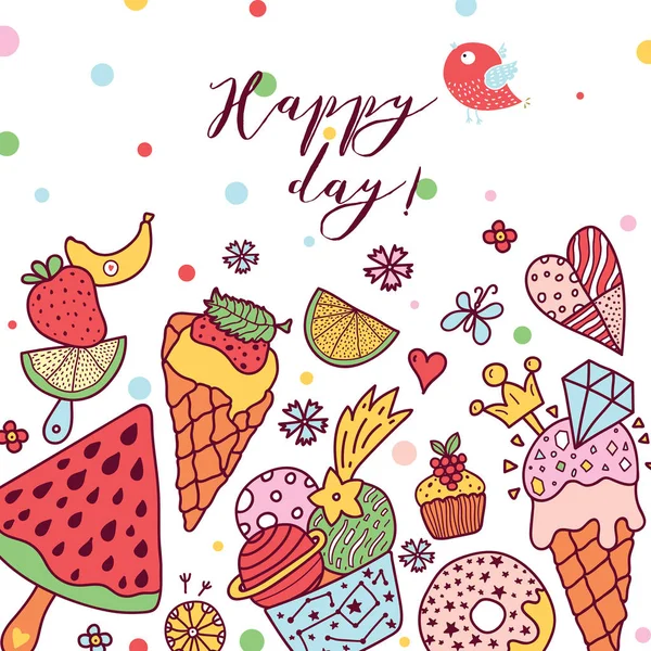 Sommerzeit Lustige Illustration Mit Eis Und Süßigkeiten — Stockvektor