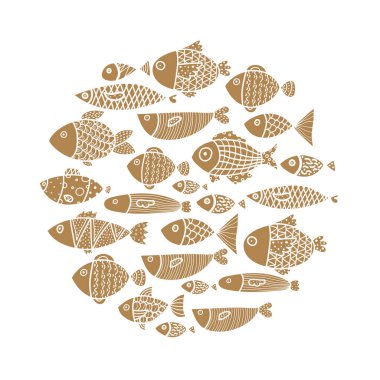 Sevimli balık kartı. Balık motif etrafında. Altın illüstrasyon.