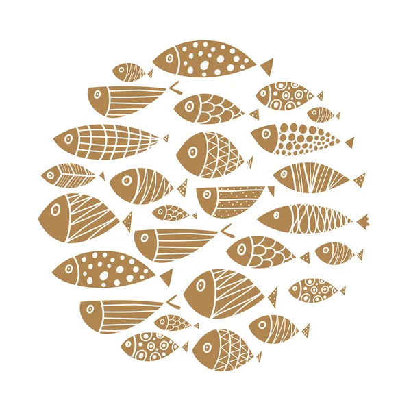 Bonita Tarjeta Pescado Alrededor Motivo Con Peces Ilustración Negra — Vector de stock