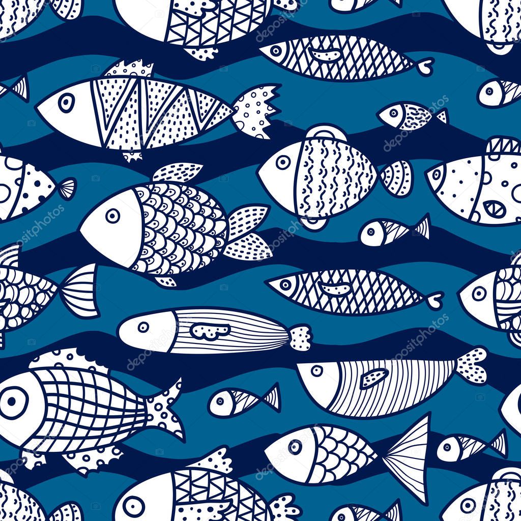 Linear decorative fish on a mint background and waves. Seamless pattern can be used for wallpaper, pattern fills, web page background, surface textures.
