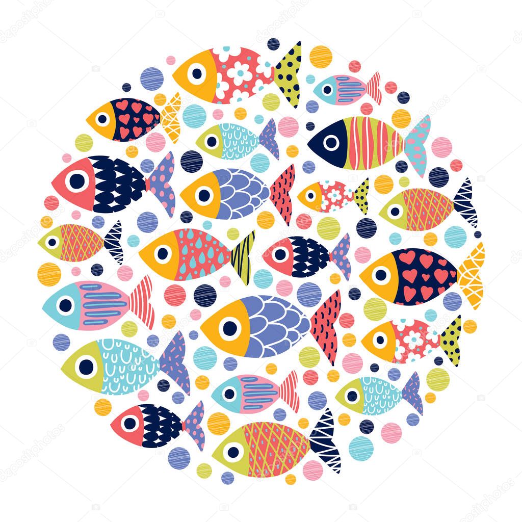 Cute fish card. Around motif with fish.
