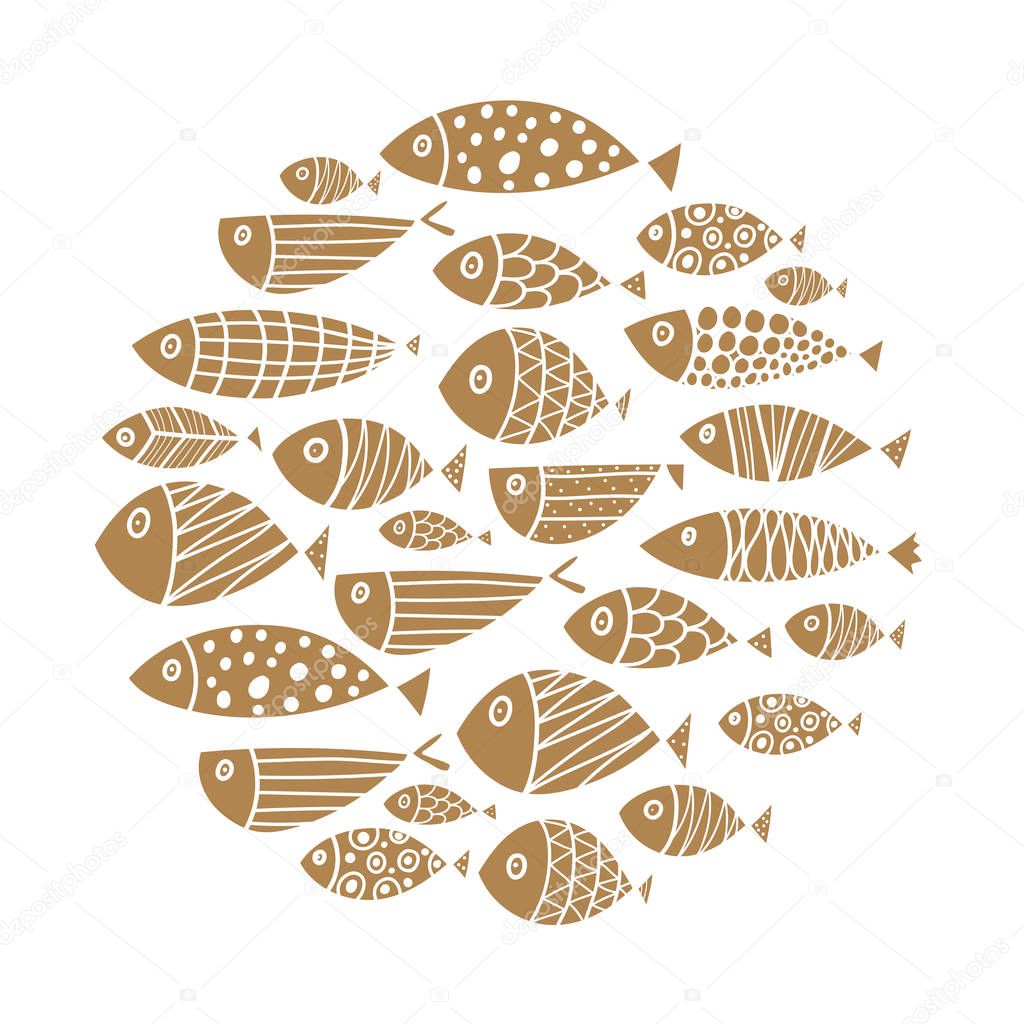 Cute fish card. Around motif with fish. Black illustration.