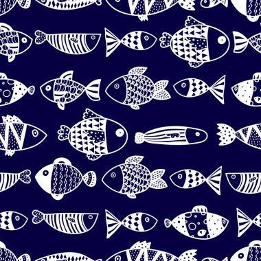 Şirin balık. Çocuk geçmişi. Kusursuz desen. Tekstil endüstrisinde, kağıt, arkaplanda, koleksiyon defterinde kullanılabilir.