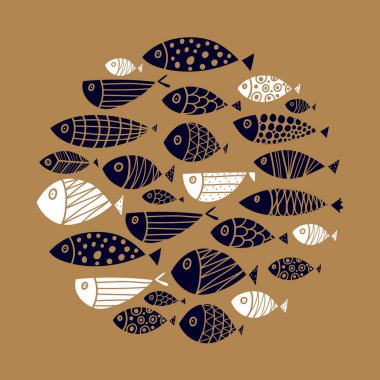 Sevimli balık kartı. Balık motif etrafında. Altın illüstrasyon.