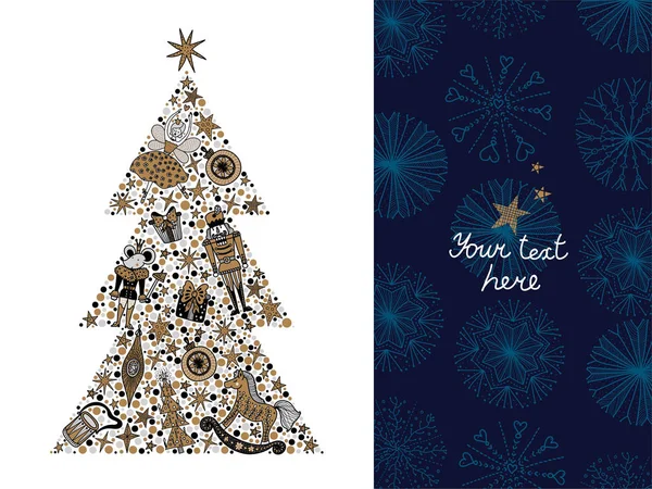 圣诞树上有芭蕾饼干做的玩具金银色圣诞卡 — 图库矢量图片