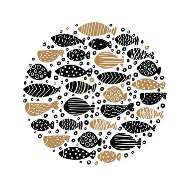 Sevimli balık kartı. Balıklı motifin etrafında. Altın ve siyah illüstrasyon.