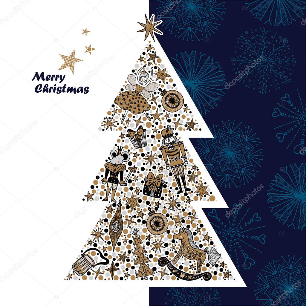 Christmas tree with toys from the ballet Nutcracker. Christmas card in gold and silver colors.