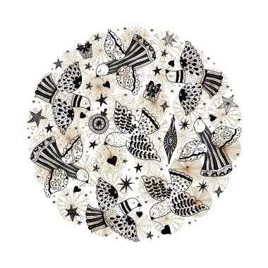 Güvercinler ve yıldızlar. Noel motifi. Vektör kartı.