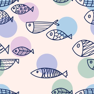 Şirin balık. Çocuk geçmişi. Kusursuz desen. Tekstil endüstrisinde, kağıt, arkaplanda, koleksiyon defterinde kullanılabilir.