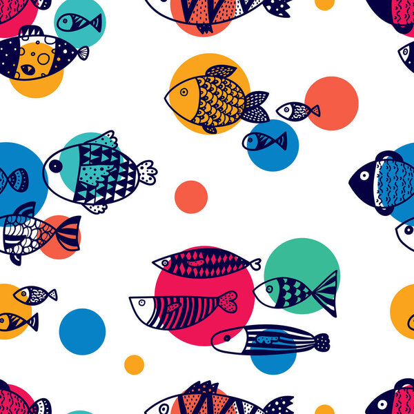 Симпатичная рыбка. Детский фон. Бесшовный шаблон. Может быть использован в текстильной промышленности, бумаге, фоновом изображении, скрапбукинге.