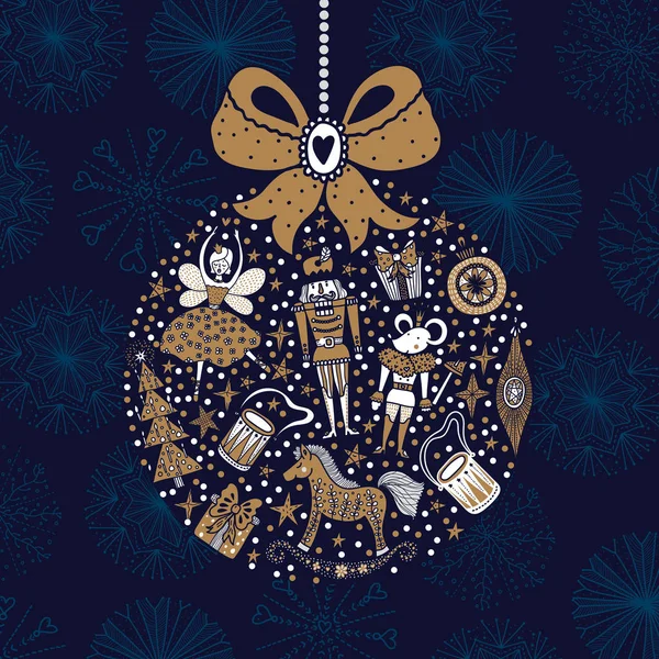 Χριστουγεννιάτικη Μπάλα Δέντρου Χρυσή Χριστουγεννιάτικη Κάρτα Φορέα Γύρω Από Μοτίβο — Διανυσματικό Αρχείο
