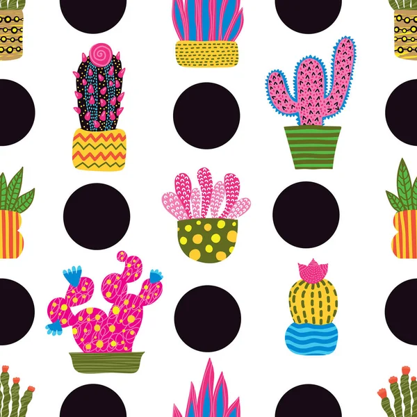 Cute Cactus Polka Dot Colorful Seamless Pattern — Stock Vector