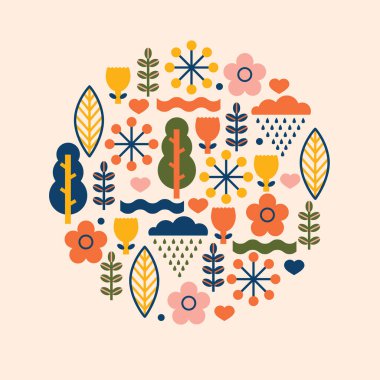 İskandinav tarzında bir yaz kartı. Tekstil endüstrisinde, kağıt, arkaplanda, koleksiyon defterinde kullanılabilir.