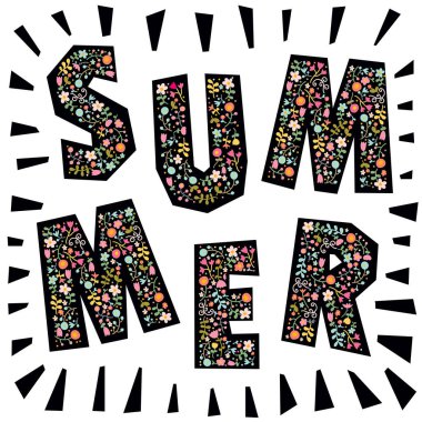 YAZ! Yaz çiçekli şirin bir çiçek kartı. Klasik çiçek çizimi.