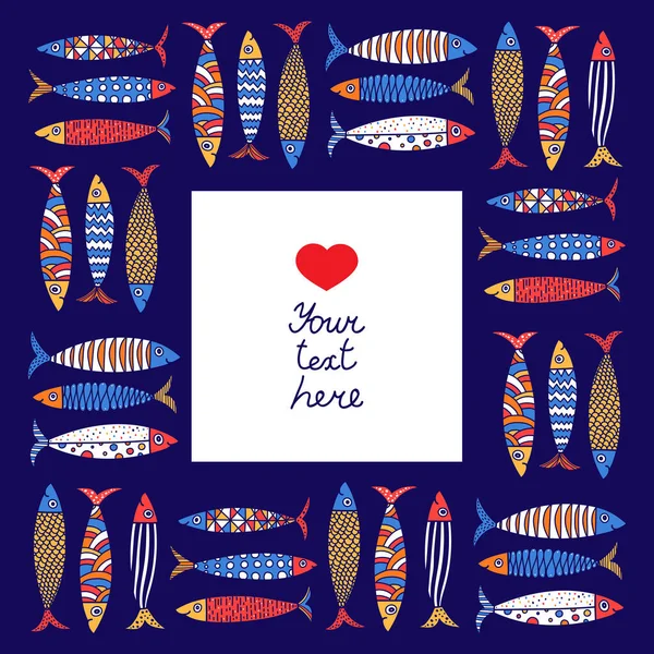 Ωραίες Σαρδέλες Καρτ Ποστάλ Πολύχρωμα Ψάρια — Διανυσματικό Αρχείο
