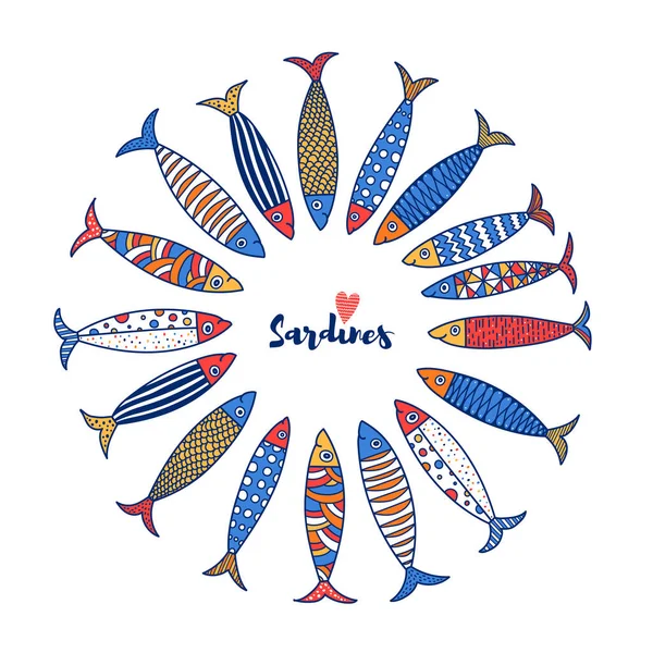 Прекрасные Сардины Открытка Разноцветной Рыбой — стоковый вектор