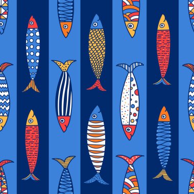 Şirin balık. Çocuklar geri planda. Kusursuz desen. Tekstil endüstrisinde, kağıt, arkaplanda, koleksiyon defterinde kullanılabilir.