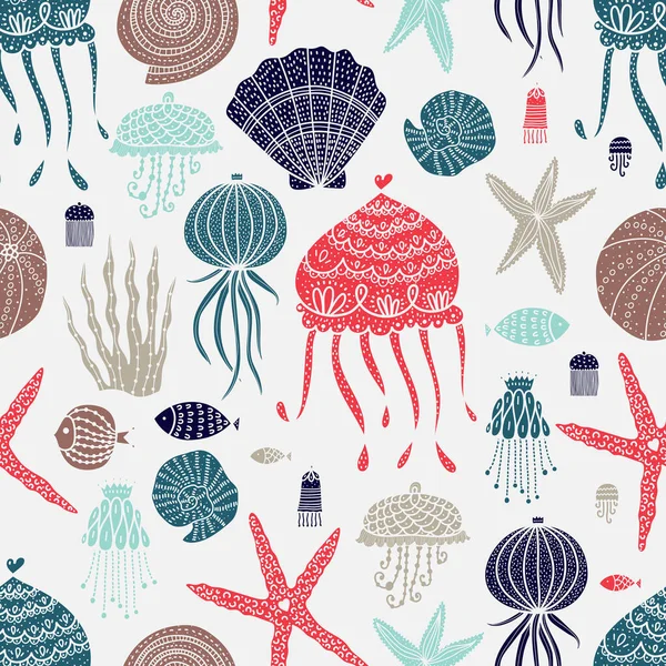 用水母 海星和海藻制作的精美无缝图案 — 图库矢量图片