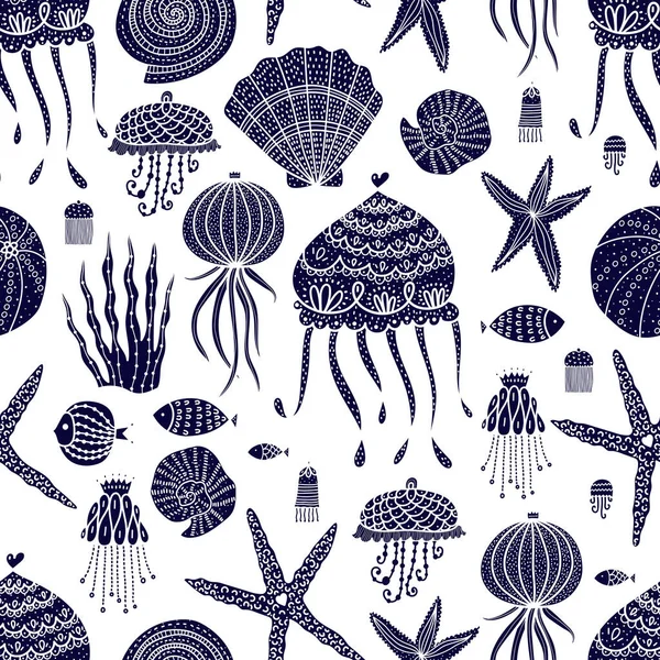 用水母 海星和藻类构成的无缝图案很可爱 — 图库矢量图片