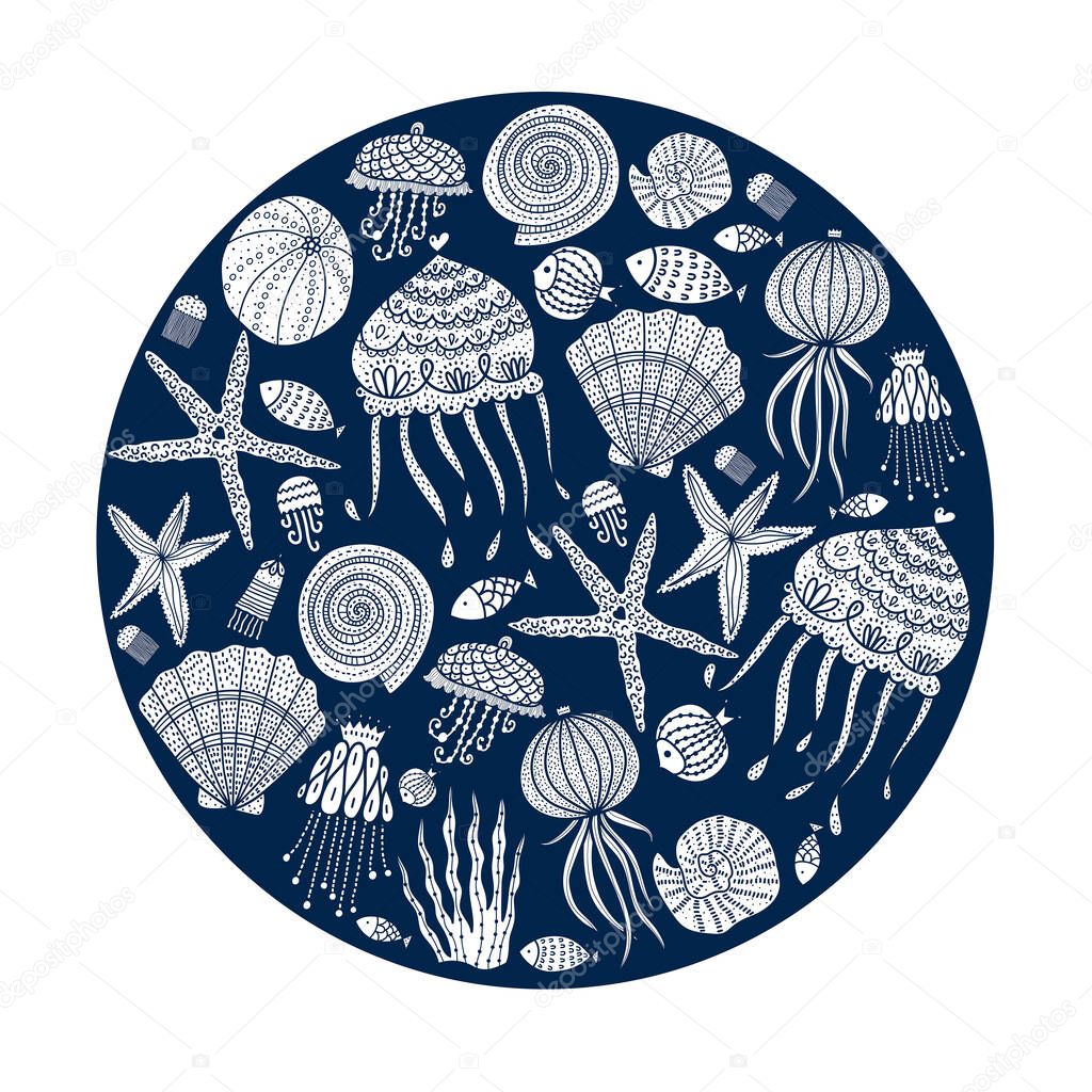  Cute card with jellyfish, shells, fish, starfish and algae.