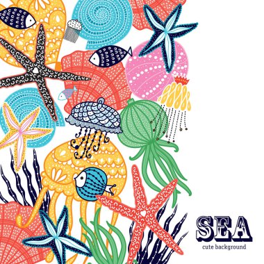 Deniz anası, deniz kabuğu, balık, denizyıldızı ve alg içeren şirin bir kart..