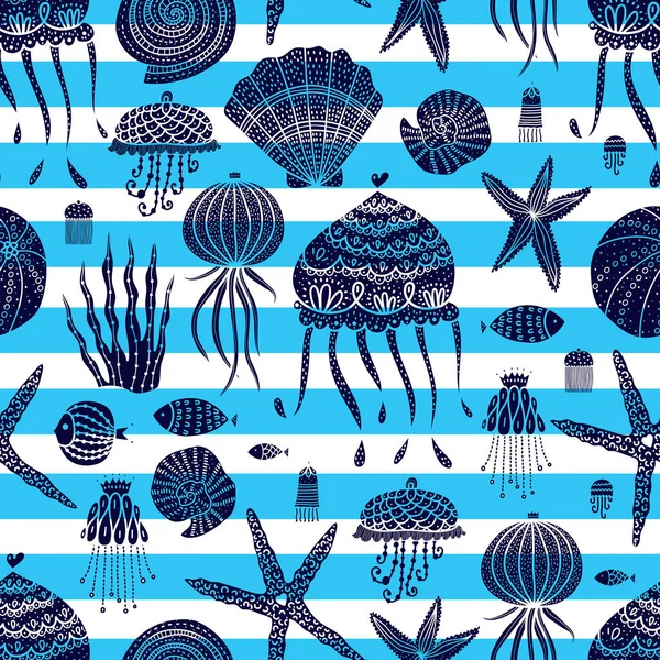 用水母 海星和藻类构成的无缝图案很可爱 — 图库矢量图片