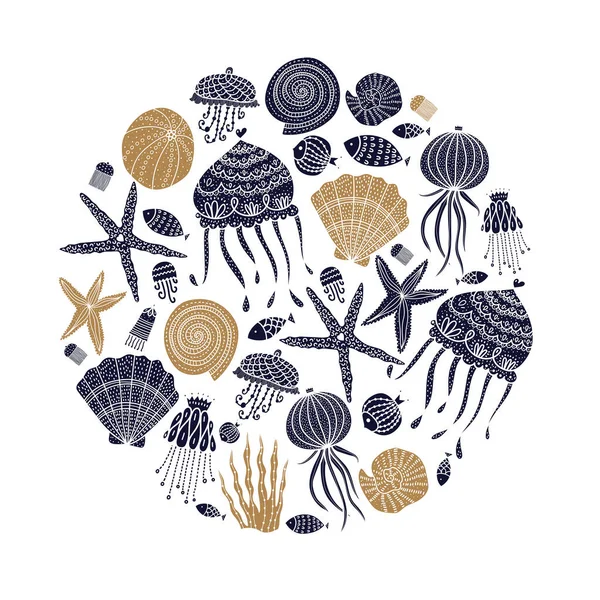 Cute Seamless Patternwith Jellyfish Shells Fish Starfish Algae — Stock Vector