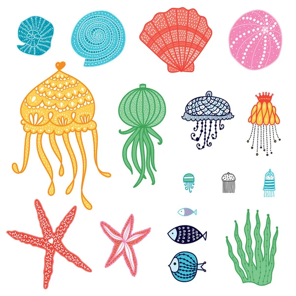 Cute Set Jellyfish Shells Fish Starfish Algae — Stock Vector