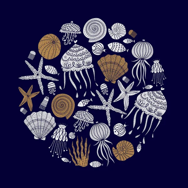 Denizanası Deniz Kabuğu Balık Denizyıldızı Alg Içeren Hoş Pürüzsüz Çizimler — Stok Vektör