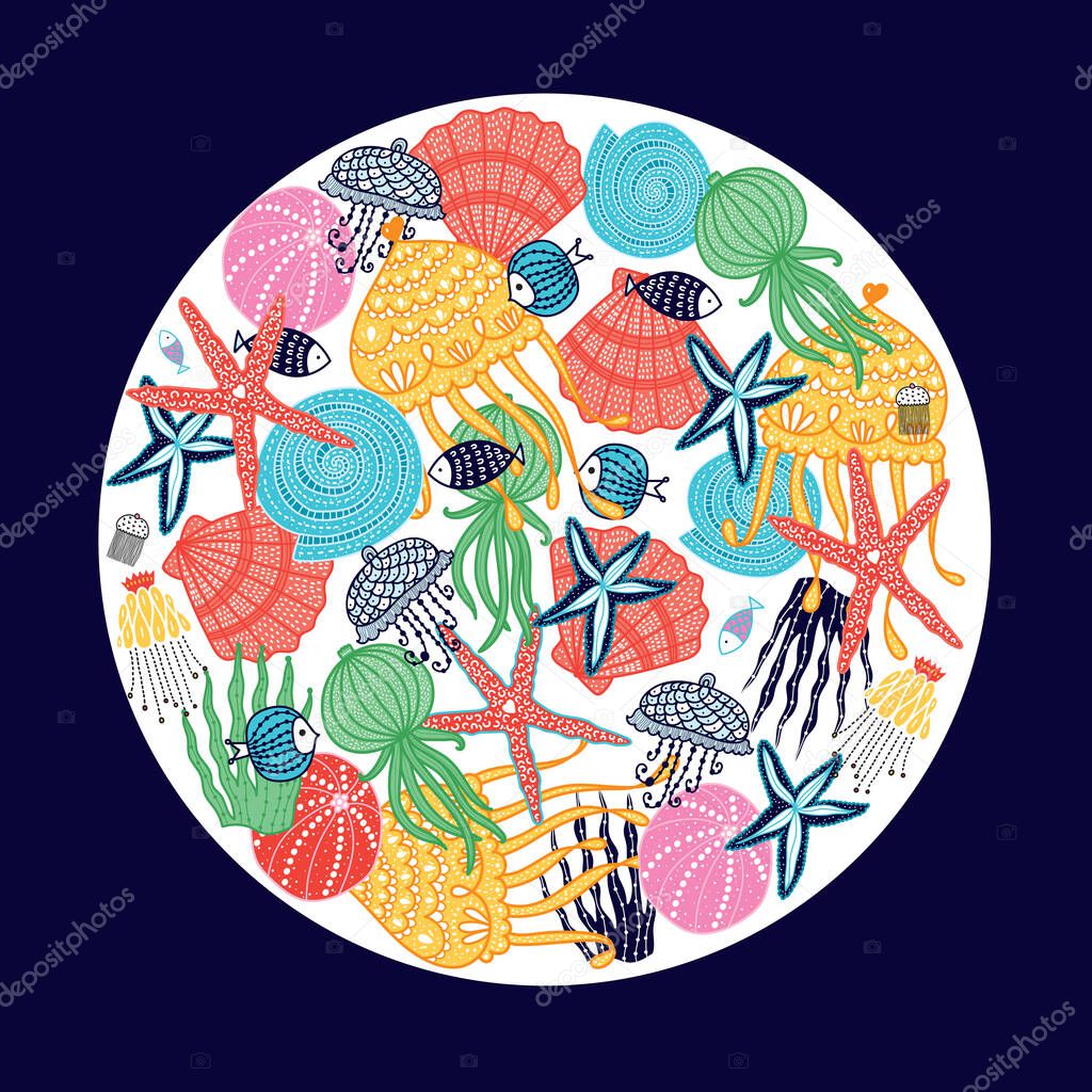 Cute illustration with jellyfish, shells, fish, starfish and algae.
