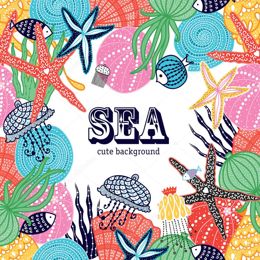 Cute seamless pattern with jellyfish, shells, fish, starfish and algae.