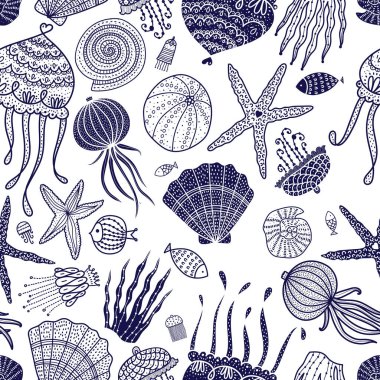 Denizanası, deniz kabuğu, balık, denizyıldızı ve alglerle şirin, pürüzsüz desen..