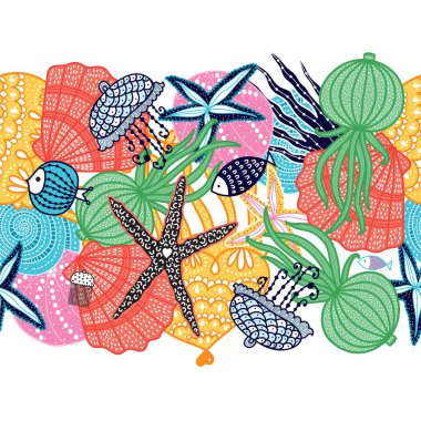 Denizanası, deniz kabuğu, balık, denizyıldızı ve alglerle şirin, yatay bir sınır..