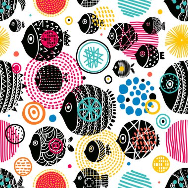 Şirin balık. Vektör kusursuz desen. Neşeli polka nokta vektörsüz desen. Tekstil endüstrisinde, kağıt, arkaplanda, koleksiyon defterinde kullanılabilir.