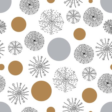 Altın dekoratif kar taneleri olan tatlı, pürüzsüz kış deseni. Tekstil endüstrisinde, kağıt, arkaplanda, koleksiyon defterinde kullanılabilir.