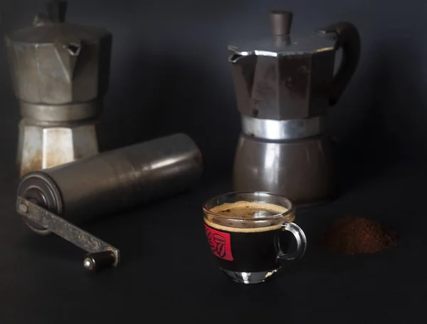 Moka coffee makers. Coffee grinder and coffee