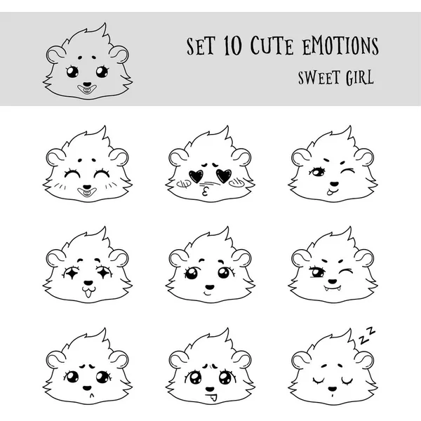 Set von 10 linearen lustigen Mädchen-Emoticons — Stockvektor