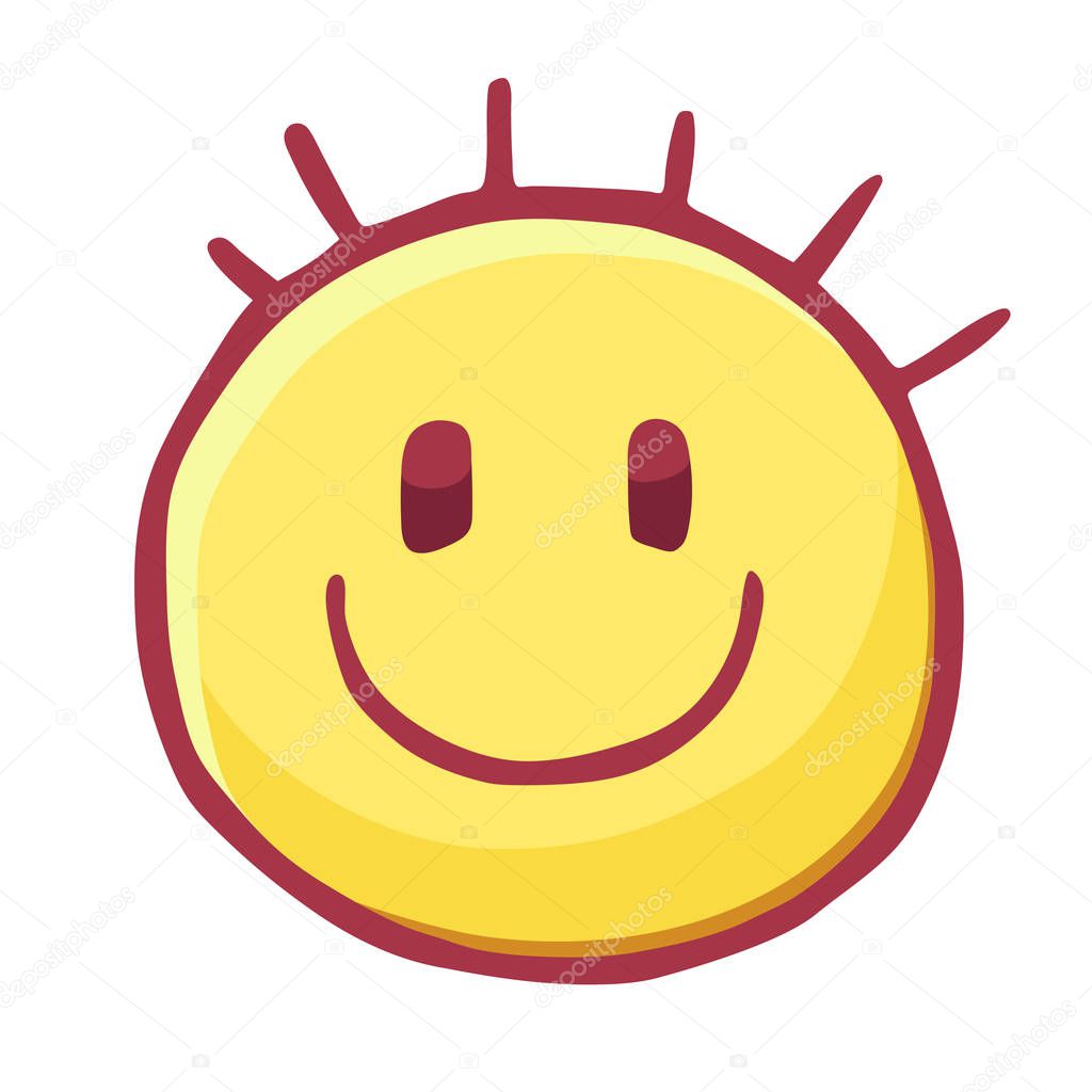 Stylized smiling face. Funny hand drawn head with protruding hair head