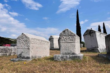 Stolac, Bosna-Hersek - 08 08 2020: Steci Ortaçağ Mezar Taşları Stolac 'ta.
