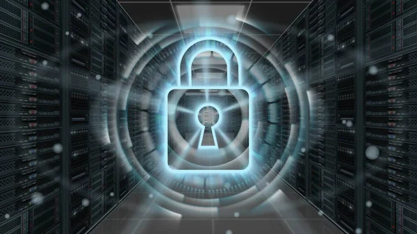 Digital Säkerhet Hologram Med Hänglås Server Rum Datacenter Cyber Security — Stockfoto