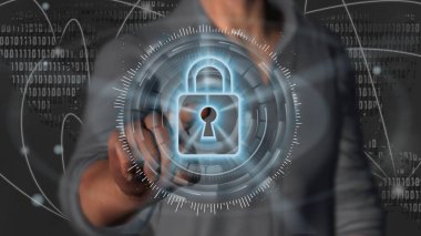 Siber güvenlik kavramı Internet ve ağ. Dijital ekran asma kilit kullanarak iş adamı.