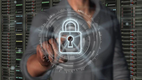 Cyber Internet Och Nätverk Säkerhetskoncept Affärsman Med Digital Skärm Hänglås — Stockfoto