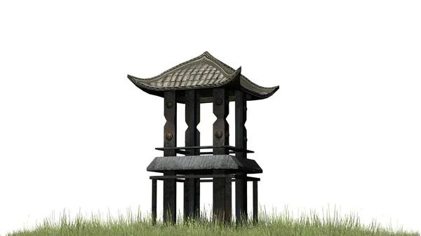 Asian pagoda tower in the grass area - isolated on white background