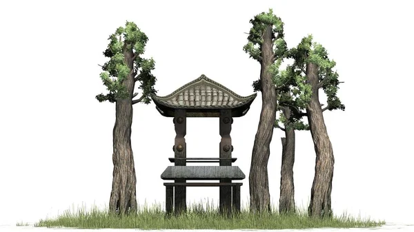 草区树木之间的亚洲宝塔塔 在白色背景下隔离 — 图库照片