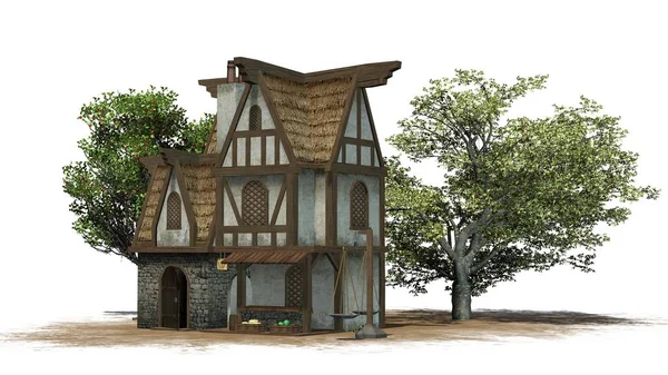 中世纪面包房建筑之间的树木 孤立的白色背景 — 图库照片