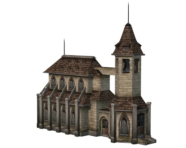 中世纪教会与钟楼 被隔绝在白色背景 — 图库照片