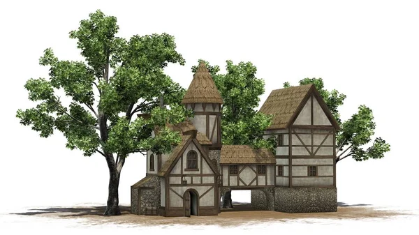 Mittelalterliche Taverne Zwischen Bäumen Auf Sandfläche Isoliert Auf Weißem Hintergrund — Stockfoto
