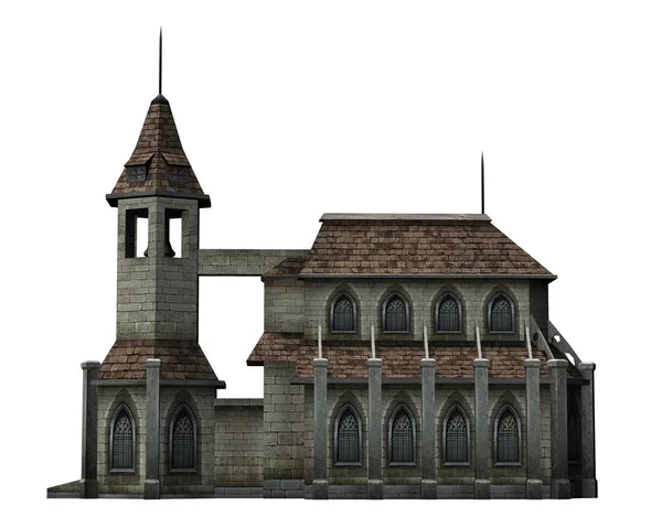 中世纪教会与钟楼 被隔绝在白色背景 图库照片
